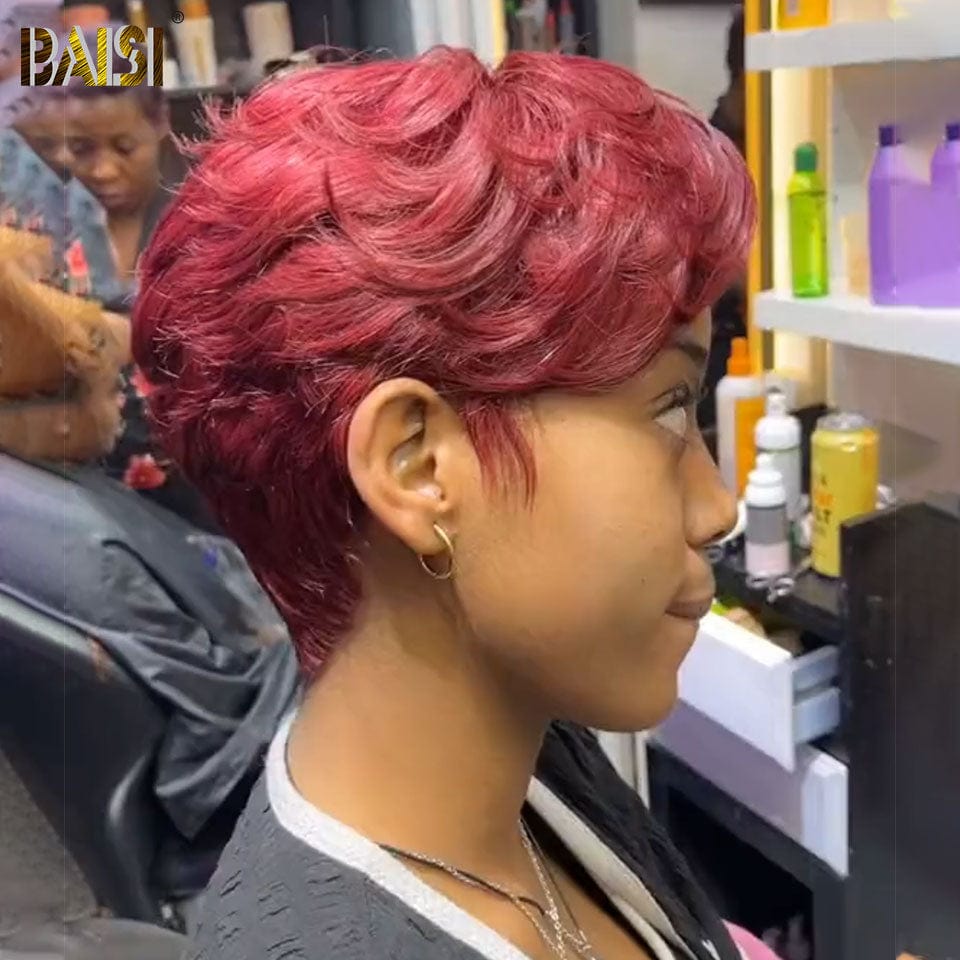 BAISI  Perruque Pixie bouclé  petite coupe en couleur bordeaux 99J# 6 pouces 80€ En 100% Cheveux Humains BAISI20