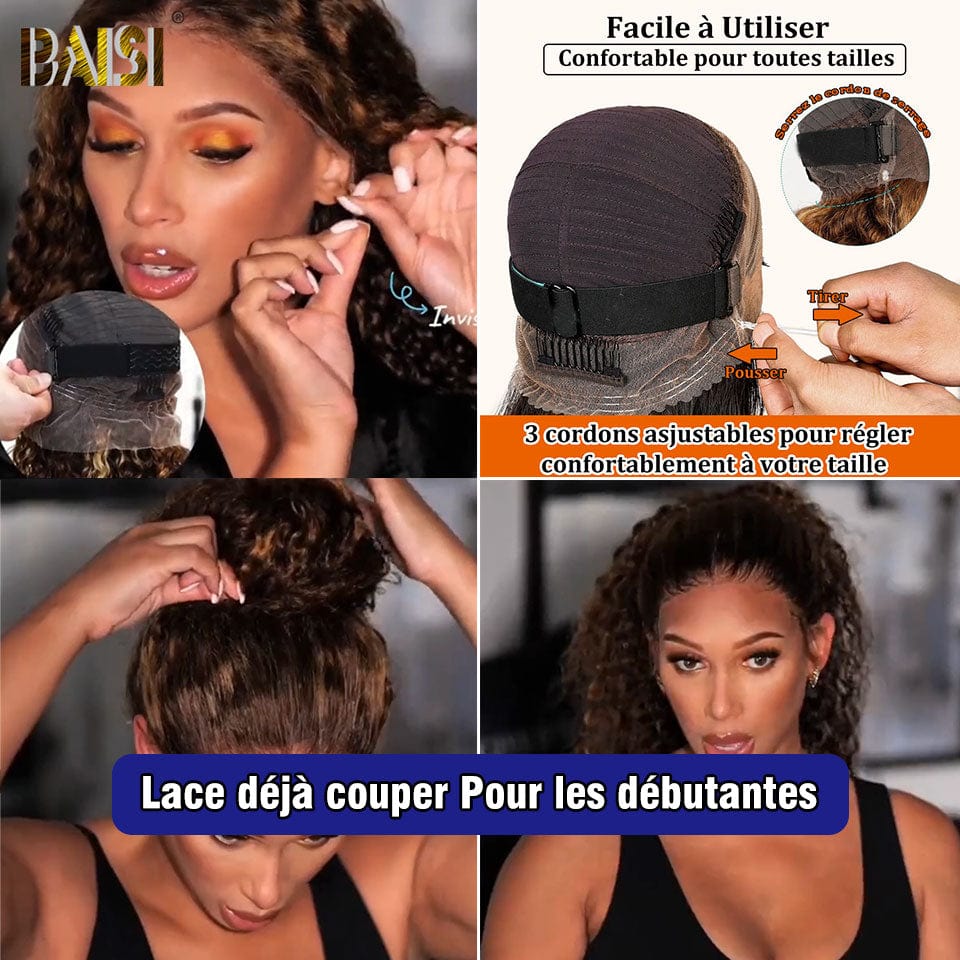 BAISI  perruque Upgrade Invisible Strap 360 Frontal curly wave en Couleur marron 4# Lace frontale 360 invisible et réglable Pré-plucked Pas Besoin de Colle 250% densité en 100% Raw Hair Lace déjà couper