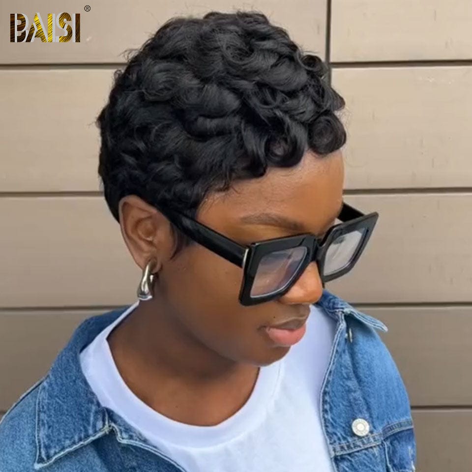 BAISI  13x4 Lace Frontale Perruque Pixie Finger Wave petite coupe 6 pouces 79€ En 100% Cheveux Humains B FR20