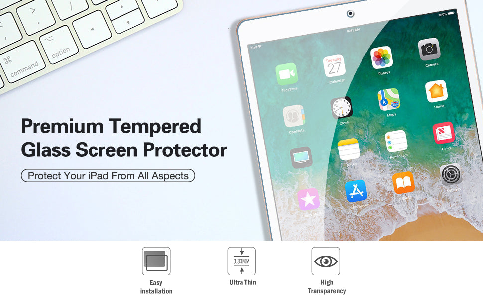 [2 Pack] ProCase Screen Protector for iPad 9.7 (2018/2017,5th/6th generation), iPad Pro 9.7, iPad Air 2 / iPad Air, Tempered Glass Screen Film -Clear