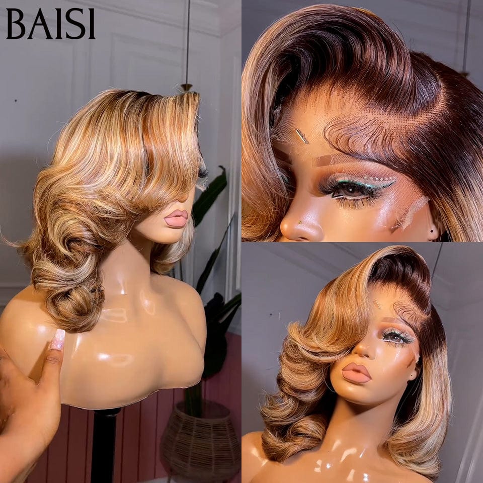 BAISI  13x4 Frontal Perruque bob 12 Pouces BOUCLES en couleur personnalisées 1B/MIXTE 250% densité plus de 20 ans d' utilisations  en 100% Raw Hair