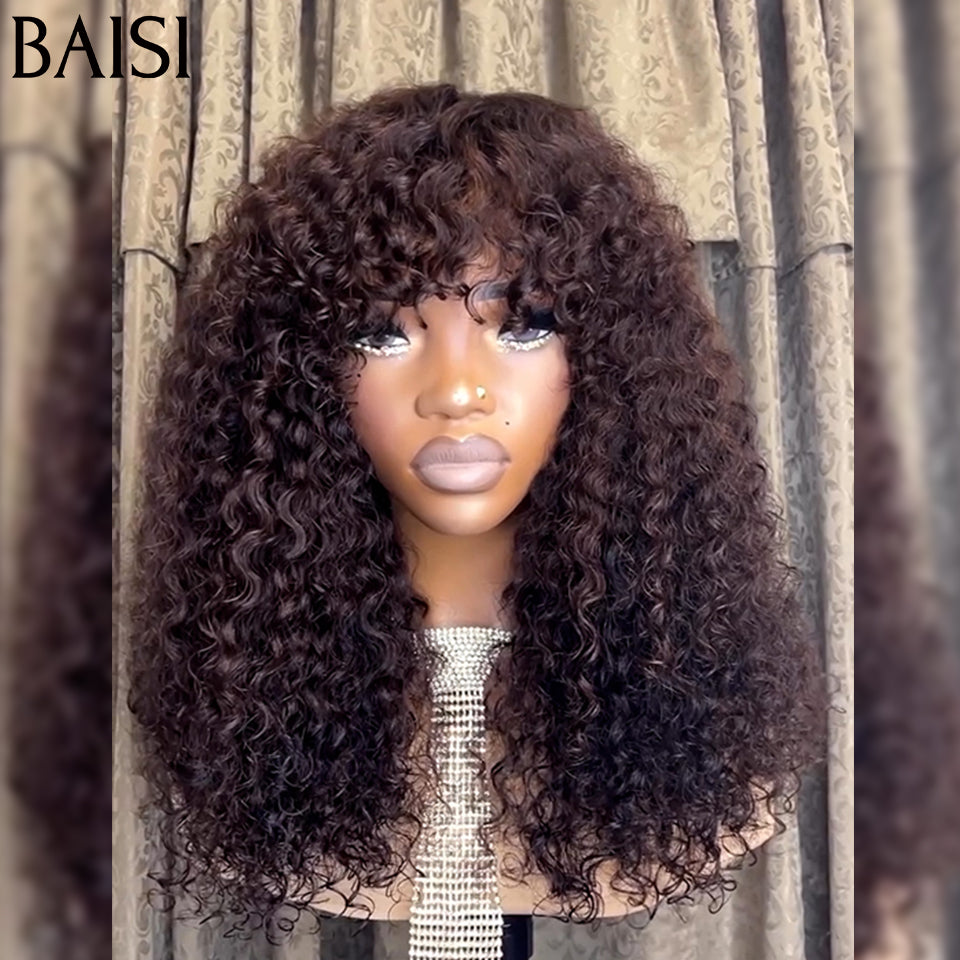 BAISI  Perruque Bouclée curly Wave avec Frange 18 Pouces 300% densité en Couleur  marron  en 100% Cheveux Humains FR20