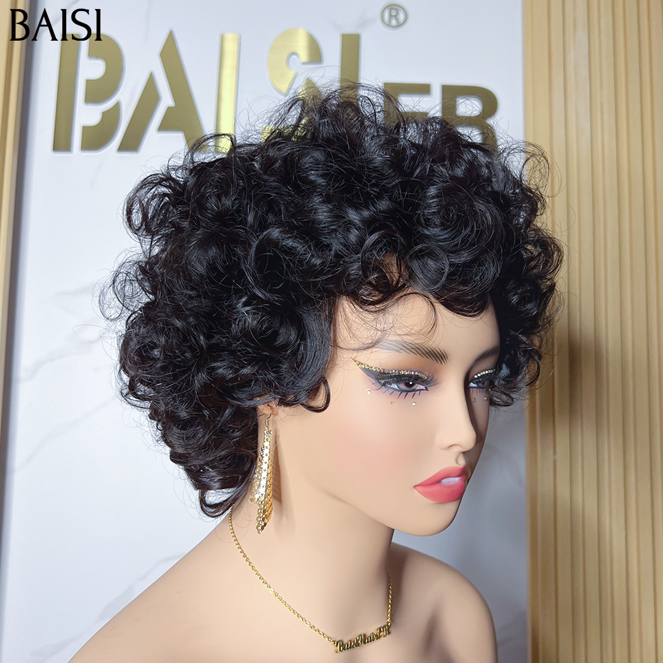 BAISI  66€ Perruque Bob EGG wave avec Frange en Noir Sans Colle Sans Lace en 100% Cheveux Humains BAISI20