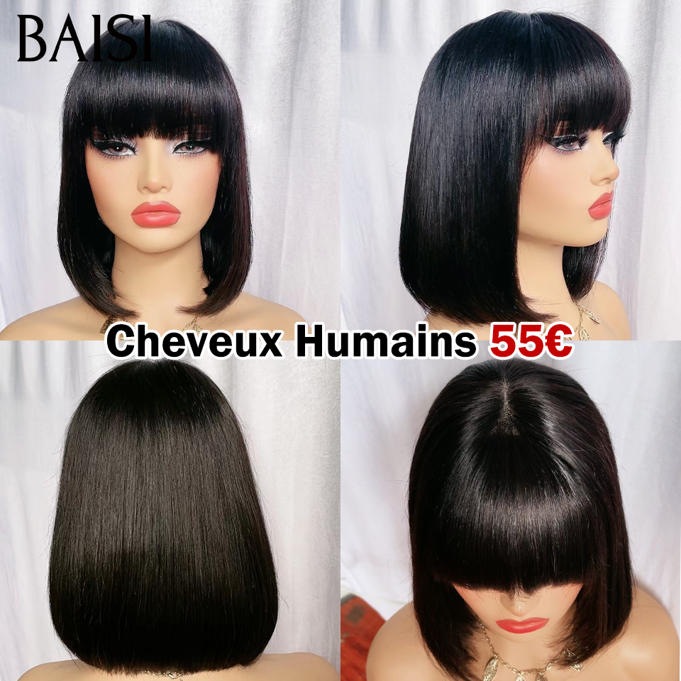 BAISI  55€ Perruque 2X4 lace Bob Lisse avec Frange en Noir Sans Colle en 100% Cheveux Humains MP50