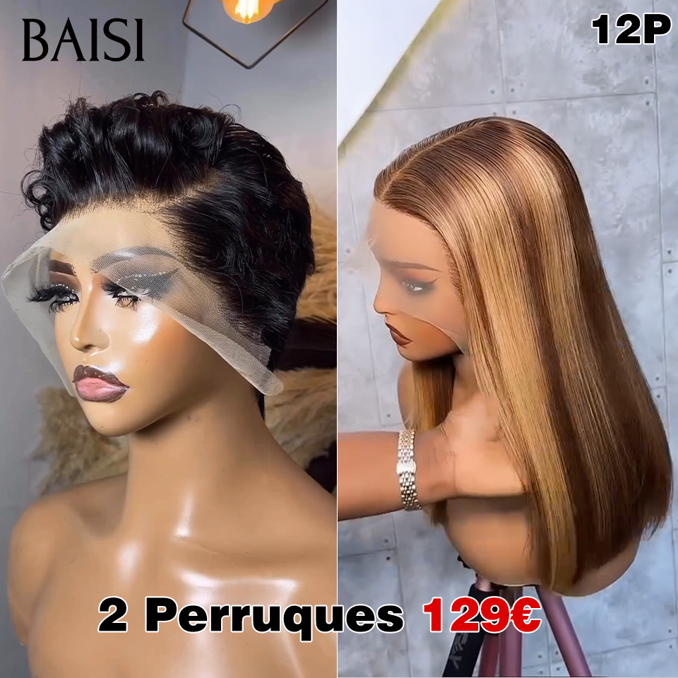 BAISI vente flash 2 Perruques 129€ 13X4 lace pixie noir et 13X4 lace lisse 12 pouces 4#27#en 100% vrais cheveux humains FR38