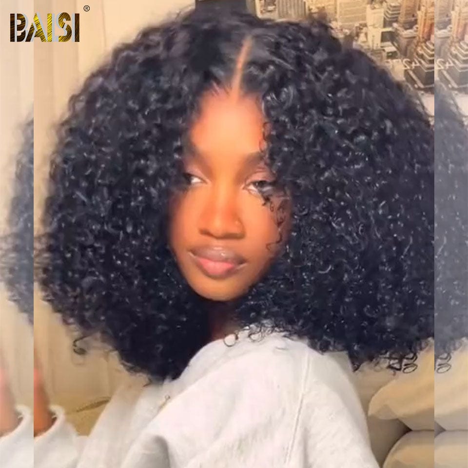 BAISI  300% densité Perruque bob Afro curly 16 pouces en couleur Noir Pré-plucked Pas Besoin de Colle 4C hairline en 100% Raw Hair Lace déjà couper VIP100