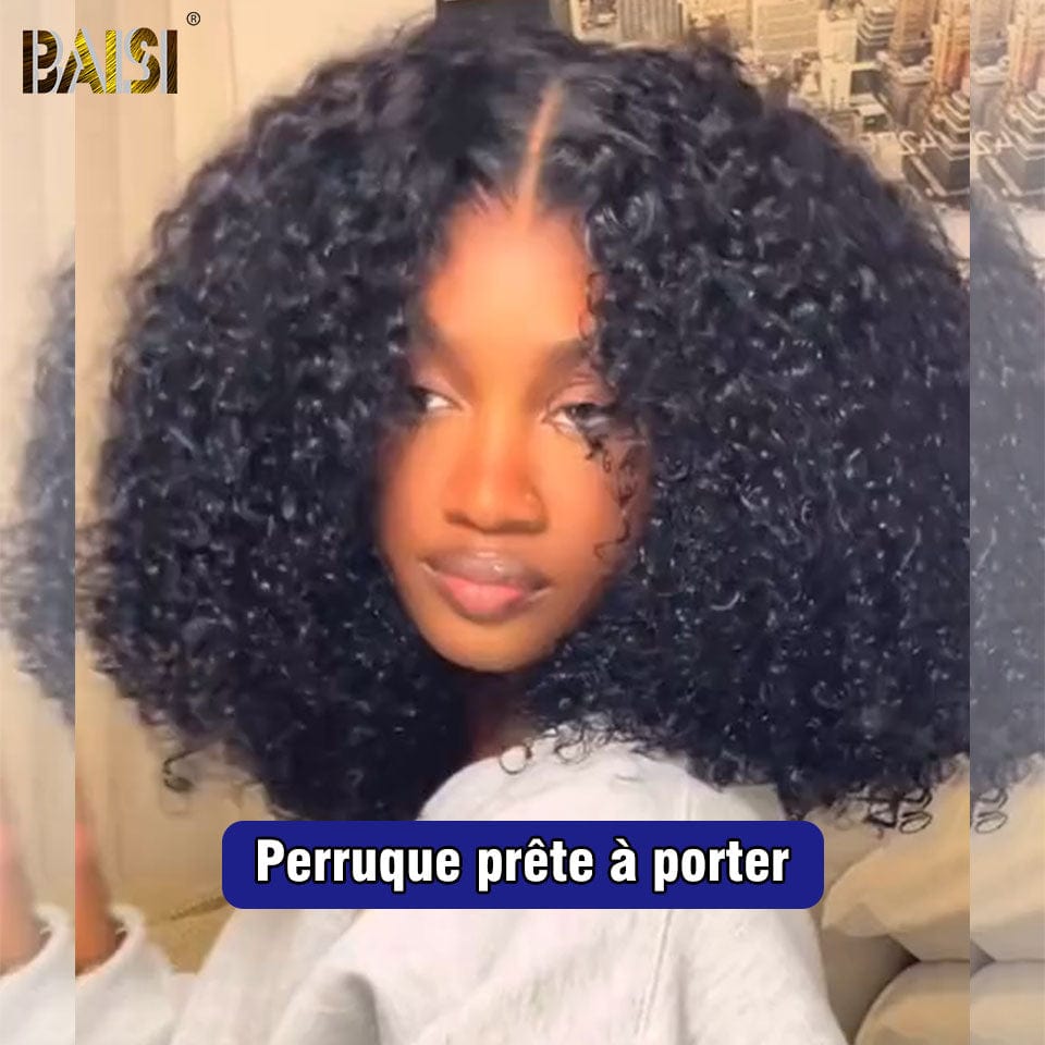 BAISI  300% densité Perruque bob Afro curly 16 pouces en couleur Noir Pré-plucked Pas Besoin de Colle 4C hairline en 100% Raw Hair Lace déjà couper VIP100