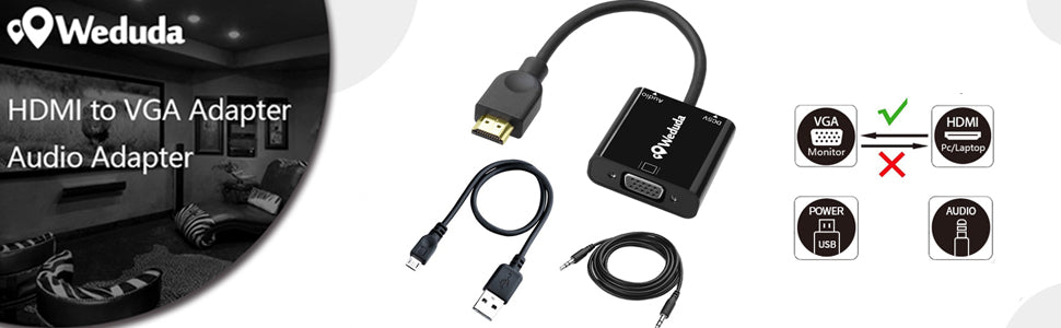 Weduda HDMI to VGA Adapter (Male to Female) with 3.5mm Audio Port, 1080P Active Converter for Computer, Desktop, Laptop, PC, Monitor, Projector, HDTV