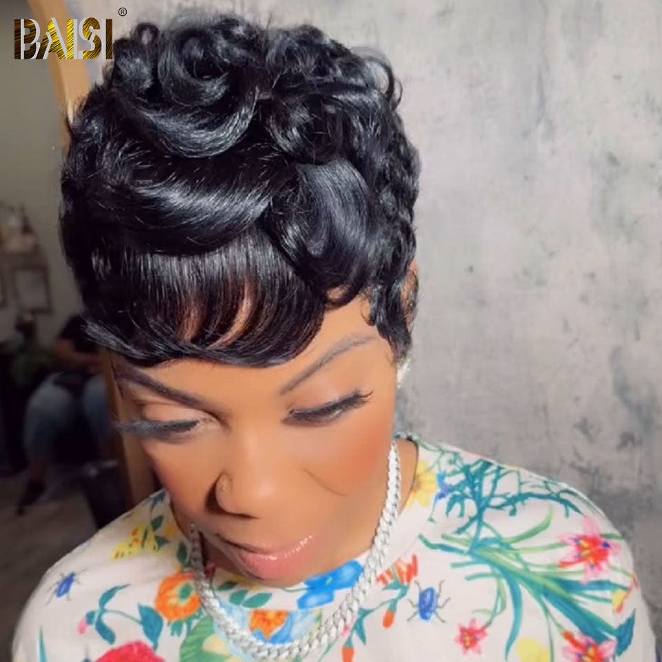 BAISI  Perruque Pixie Finger Wave petite coupe fabriqué à la machine 57€ En 100% Cheveux Humains BS50