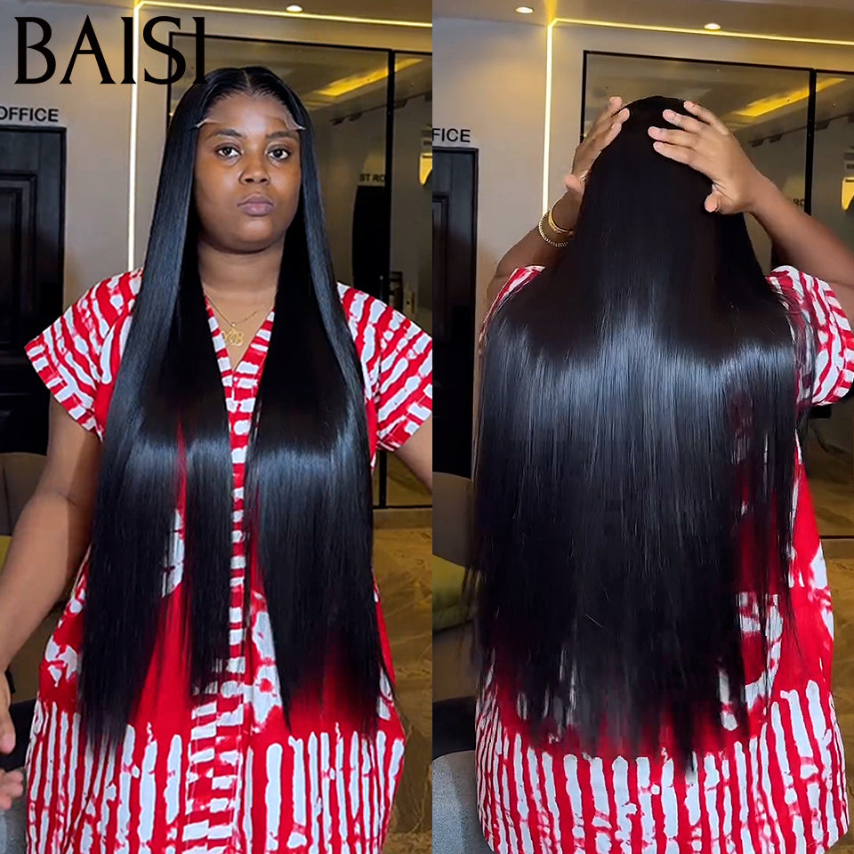 BAISI 13x4 Lace Frontal Perruque Lisse Noir Marron 1B#4 en 100% Cheveux Humains Pré-plucked Pas Besoin de Colle en 100% Raw Hair Lace déjà couper