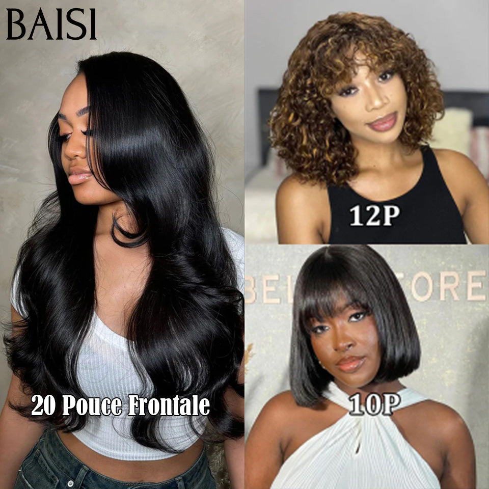 BAISI vente flash 3 perruques 269€ 13X4 Body wave NOIR 20 Pouces et avec Frange curly wave 12 Pouces et avec Frange Lisse 10 Pouces  100% vrais cheveux humains   CODE: BS50