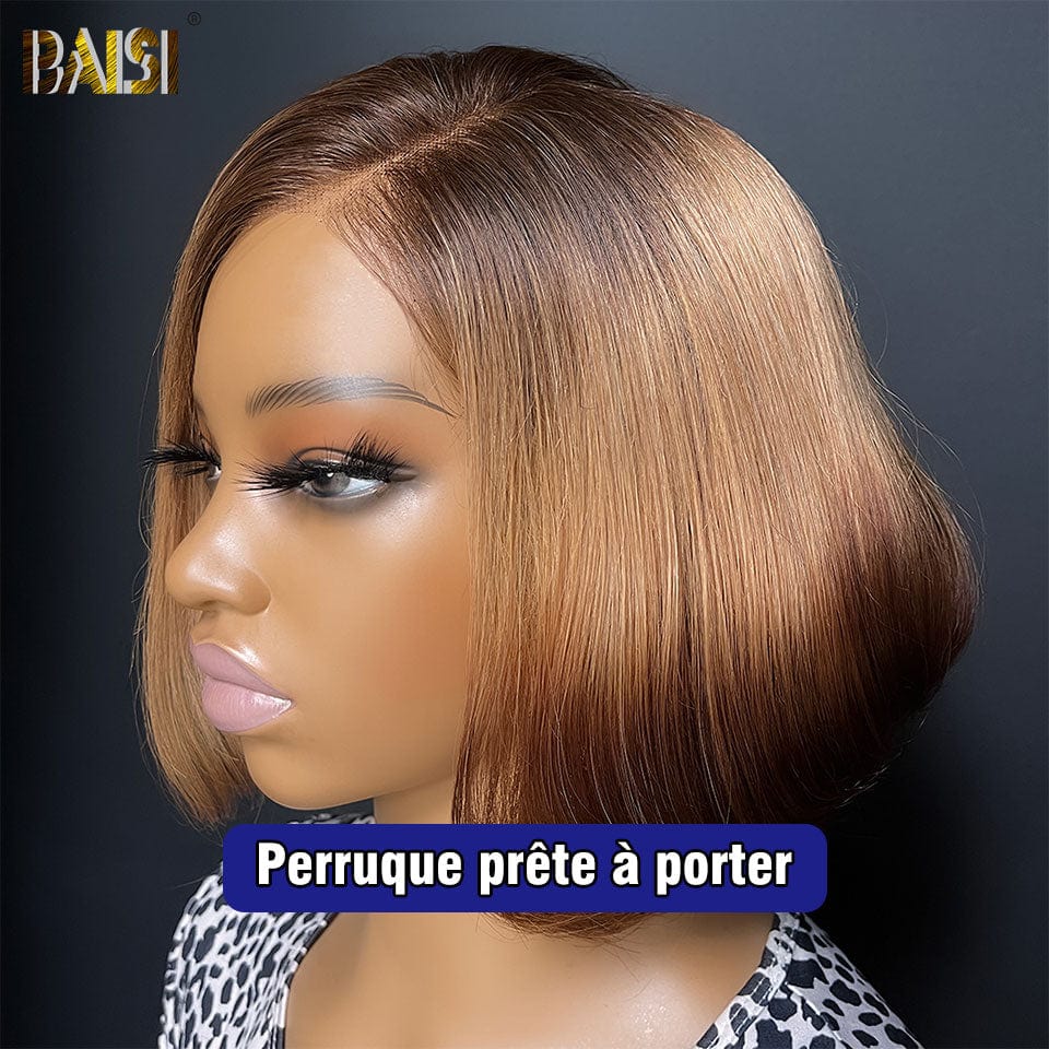 BAISI  Perruque Lisse bob Coupe personnalisée 10 pouces Pré-plucked Pas Besoin de Colle en 100% Raw Hair Lace déjà couper 300% densité plus de 20 ans d' utilisations FR38