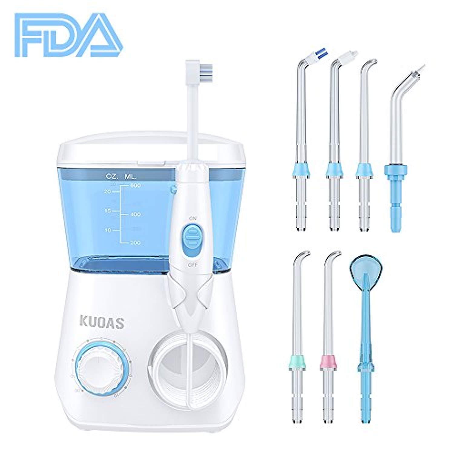 Water Flosser for Teeth, KUOAS Electric Oral Irrigator with 600ml Capacity and 8 Multifunctional Tips, FDA Approved 10 Pressure Portable Countertop Water Dental Flosser (White)