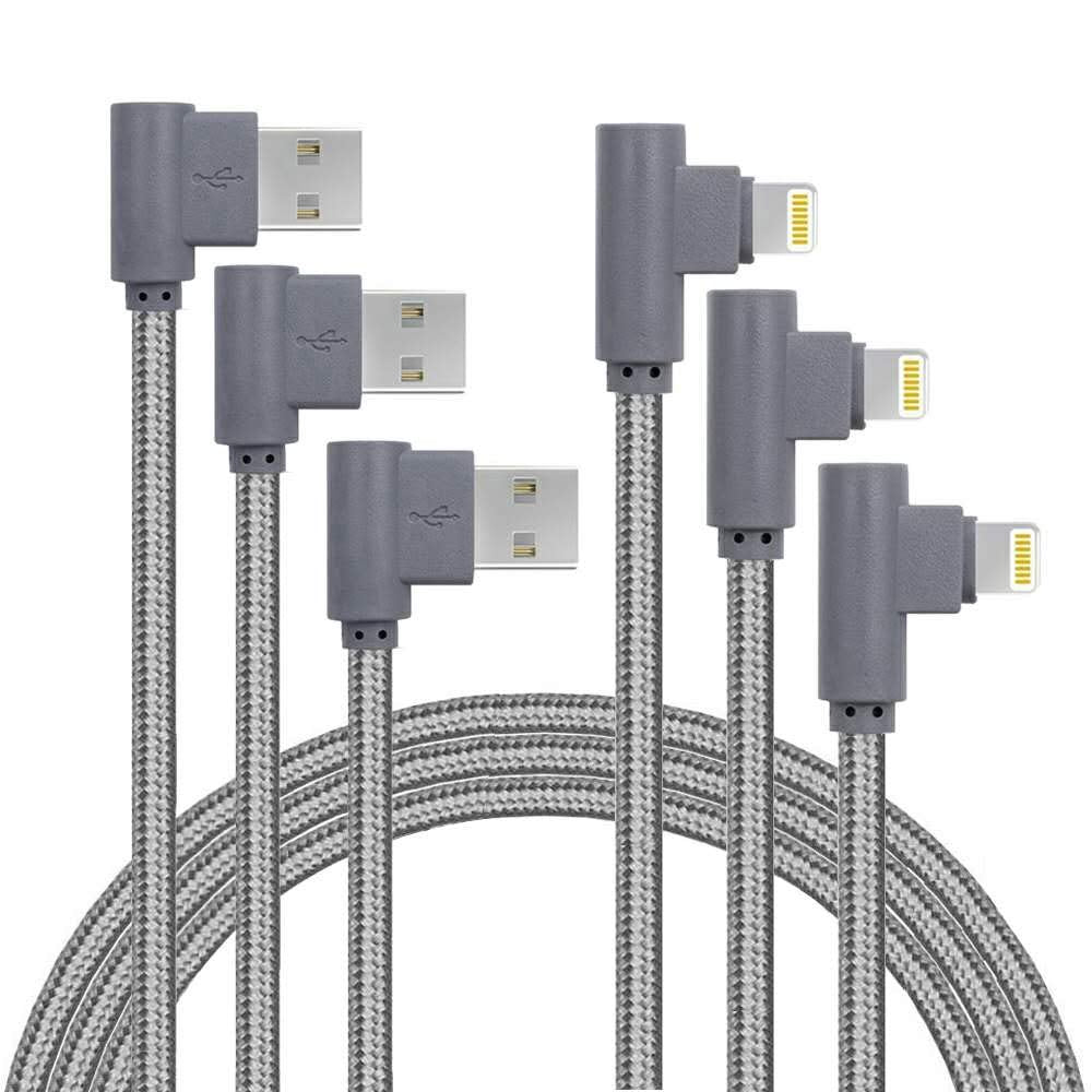 3 Pack 6FT MFi Certified 90 Degree iPhone Charging Cable 2.4A Super Fast Charging Cable Compatible with iPhone 11/ Pro/Max/X/XS/XR/XS Max/ 8/ Plus/7/7 Plus/6/6S/6 Plus (Gray, 6FT)