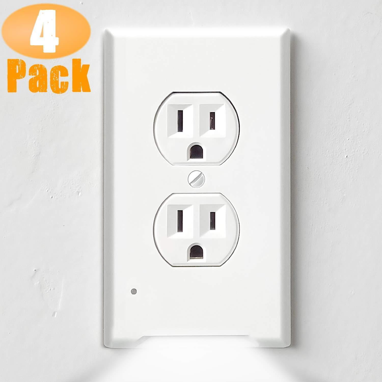 4Pack LED Night Light Outlet Cover Plate-No Wires Or Batteries,Light Sensor Auto-On LED Guidelight,Install In a Snap,Outlet Wall Plate With 0.3W High Brightness Night Light (White,Duplex)