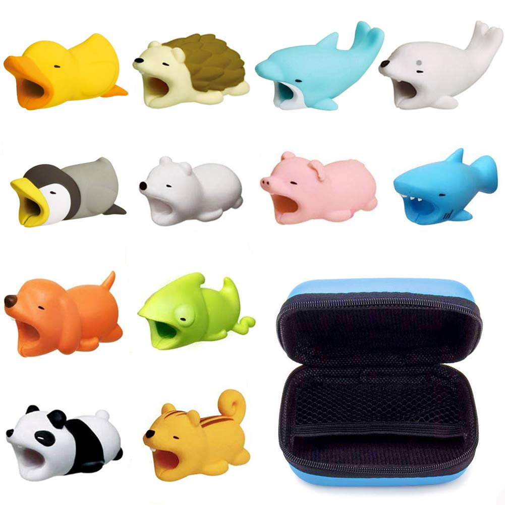 12 Pack Cute Animal Bites Cable Protector, Prevents Breakage Cable Cord Saver Case for iphone/iPad, Various Animal Cable Chewers Cable, Come with Zippered Storage Case