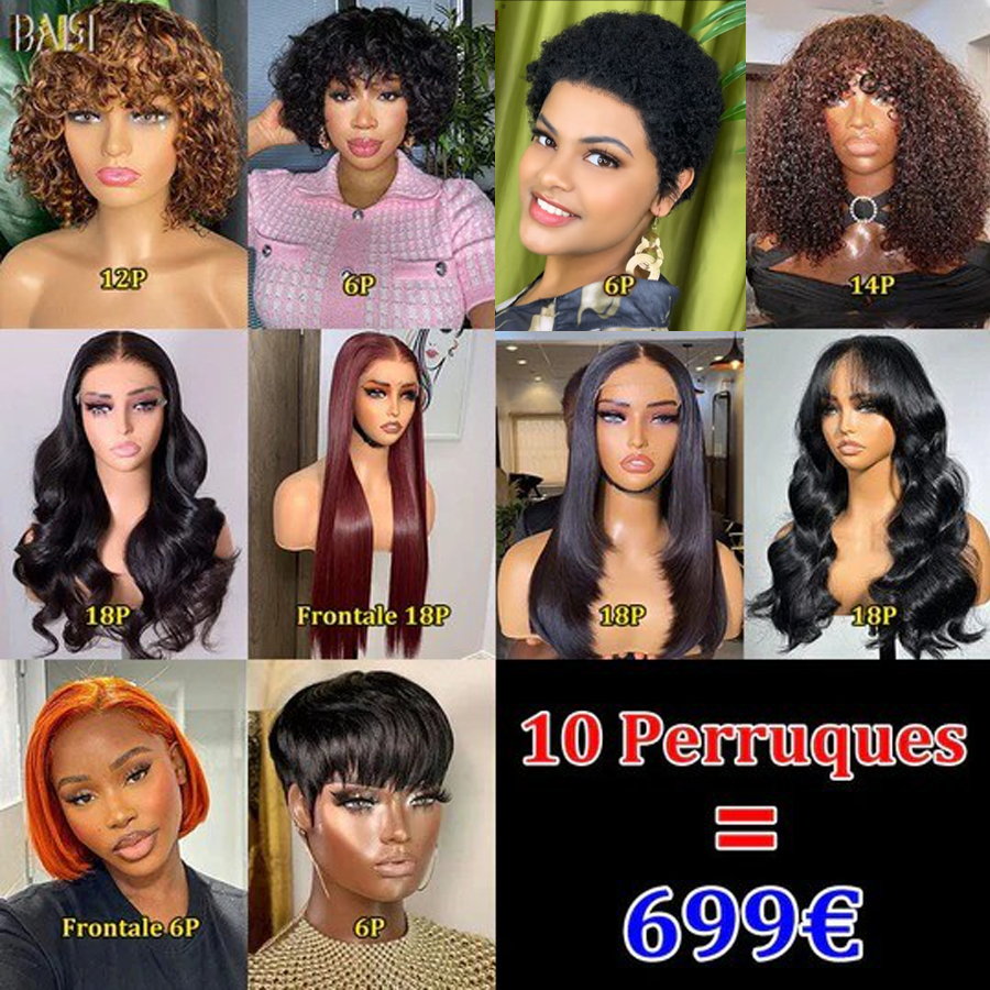 BAISI  4X4 perruque 18Pouces 126€ En Couleur Noir moitié prix Lisse ou kinky Straight 106€ en 100% cheveux humains MP50