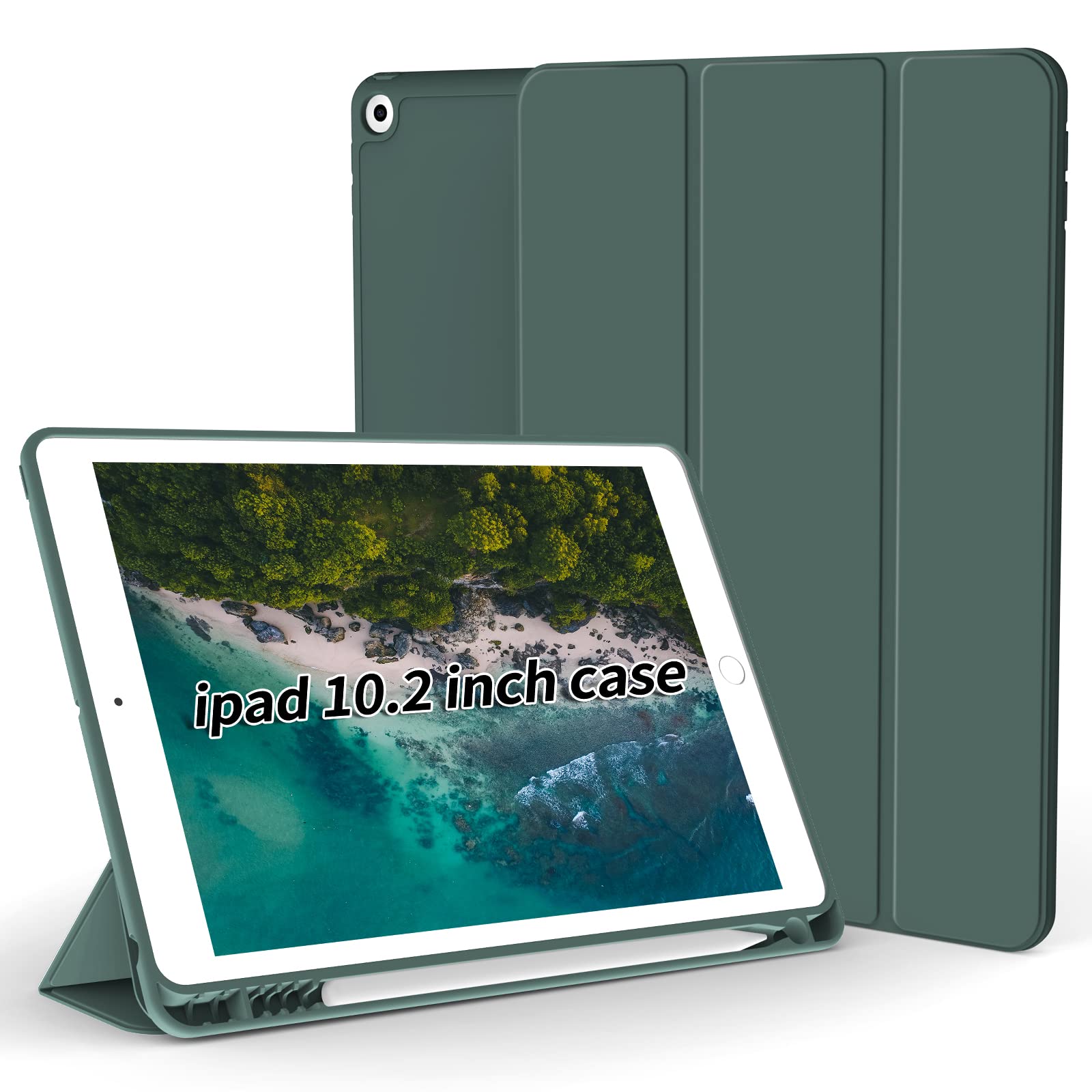 ZOYU Case for iPad 9th/8th/7th Generation,10.2 inch iPad Case with Pencil Holder,Auto Sleep/Wake,Trifold Stand Protective,Soft Slim TPU Back Cover for iPad Case 2021/2020/2019（Dark Green）