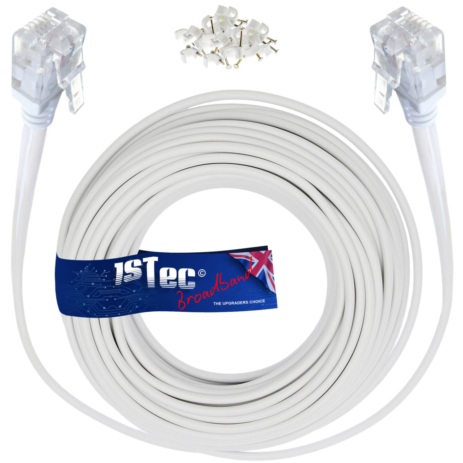 1STec 10M ADSL2+ Super High Speed Cat5e RJ11 Broadband Hub Internet Extension Cable for BT Infinity Sky Q Talktalk Plusnet EE Vodafone Post Office Router on Fibre or Standard Services 10 Metre White