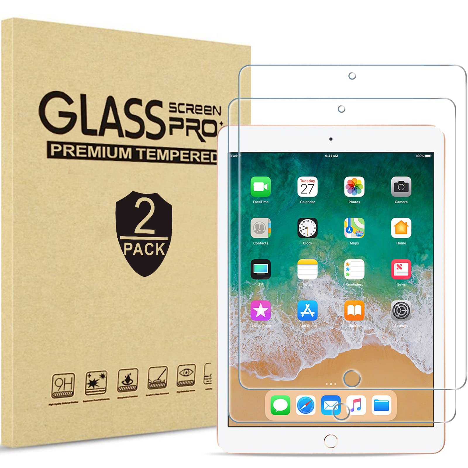 [2 Pack] ProCase Screen Protector for iPad 9.7 (2018/2017,5th/6th generation), iPad Pro 9.7, iPad Air 2 / iPad Air, Tempered Glass Screen Film -Clear