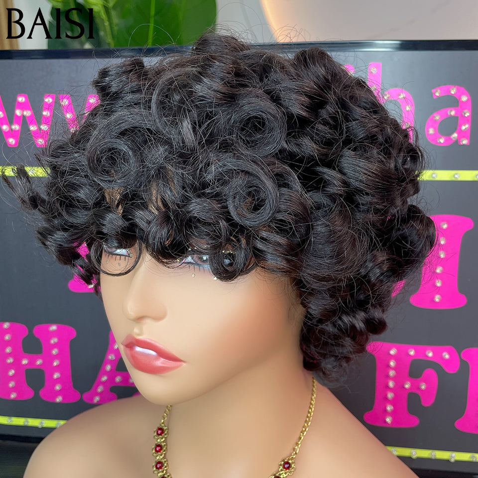 BAISI  66€ Perruque Bob EGG wave avec Frange en Noir Sans Colle Sans Lace en 100% Cheveux Humains BAISI20