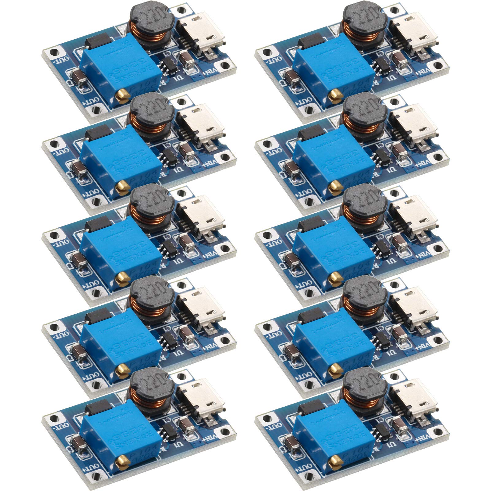 10 Pieces DC-DC Boost Converter 2A Adjustable Module Voltage Regulator Board Input Voltage 2 Volt-24 Volt to 5 Volt-28 Volt Output Voltage (with USB Connector)