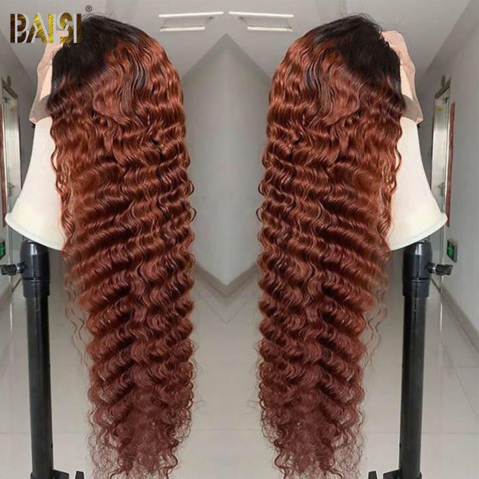 BAISI  Perruque Bouclée curly Wave avec Frange 18 Pouces 300% densité en Couleur  marron  en 100% Cheveux Humains FR20