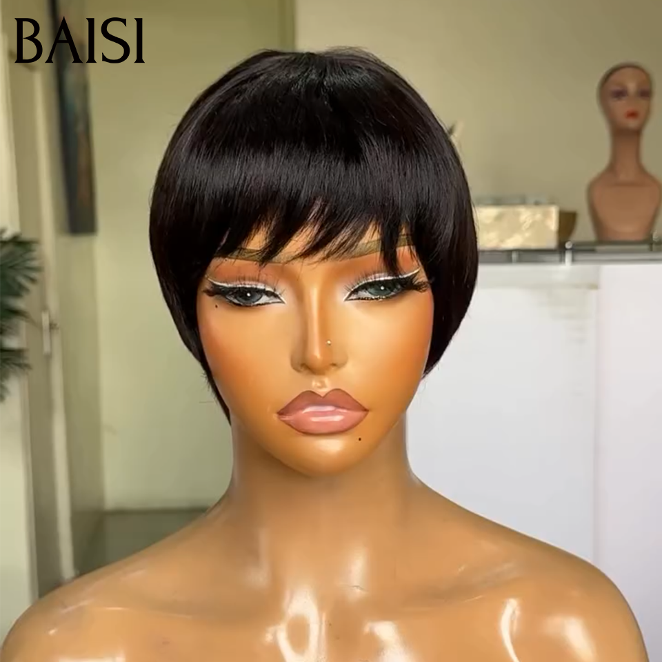 BAISI Achetez 2 perruques au prix d'usine fournisseur perruque afro curl avec frange en noir 10 Pouces en 100% vrais cheveux humains