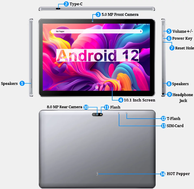 Hot Pepper Puya 10.1" Android Tablet | Brand New Android 12 | 3GB RAM, 32GB Storage, 5000mAh Battery | 4G LTE + WiFi
