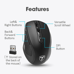 Wireless Mouse for Laptop - Ergonomic Plus Computer USB Cordless Mice, Ergo Grips, Lightspeed 5-Level 2400 DPI, 16 Months Battery, Portable for PC Mac Chromebook, 6 Button, Stormy Black