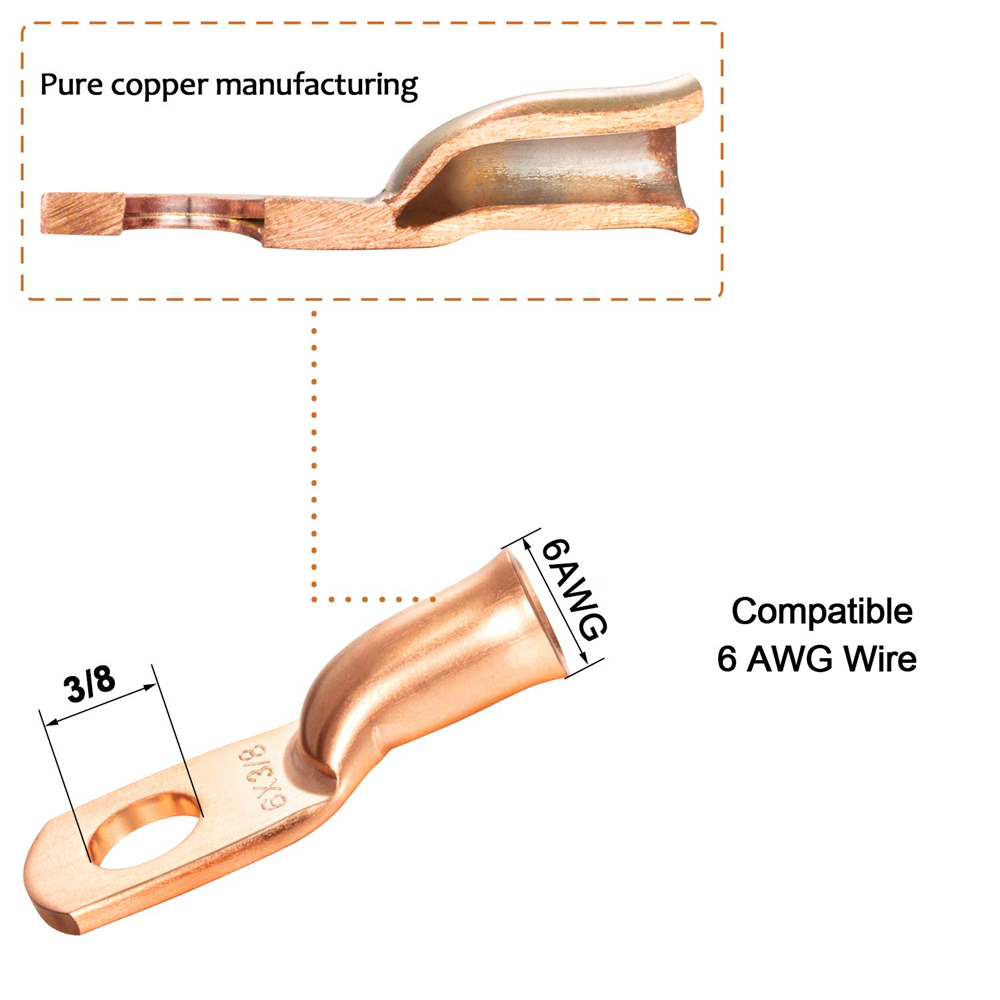 10PCS 6AWG-3/8" Bare Copper Lug Ring Terminal  Cable Battery Welding Connectors