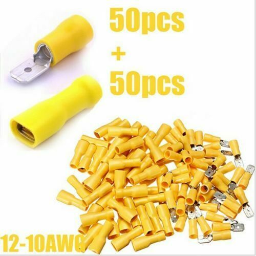 100pcs Fully Female&Male Spade Terminals Crimp Connector Yellow 12-10AWG