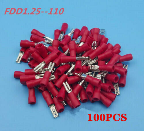 100Pcs Red FDD1.25-110  22-16 AWG Insulated Female Spade Wire Crimp Terminal