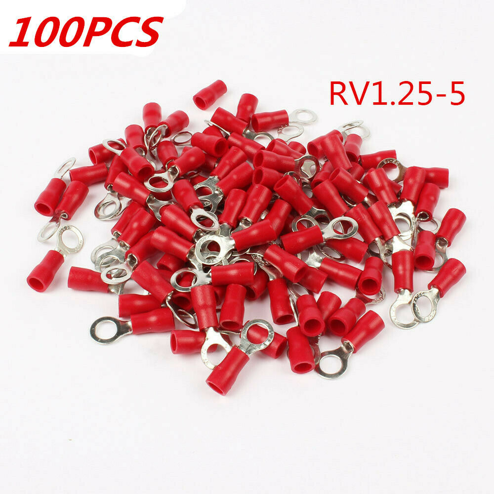 100Pcs RV1.25-5S Insulated Crimp Terminal, Ring Spade Wire Connector AWG22-16