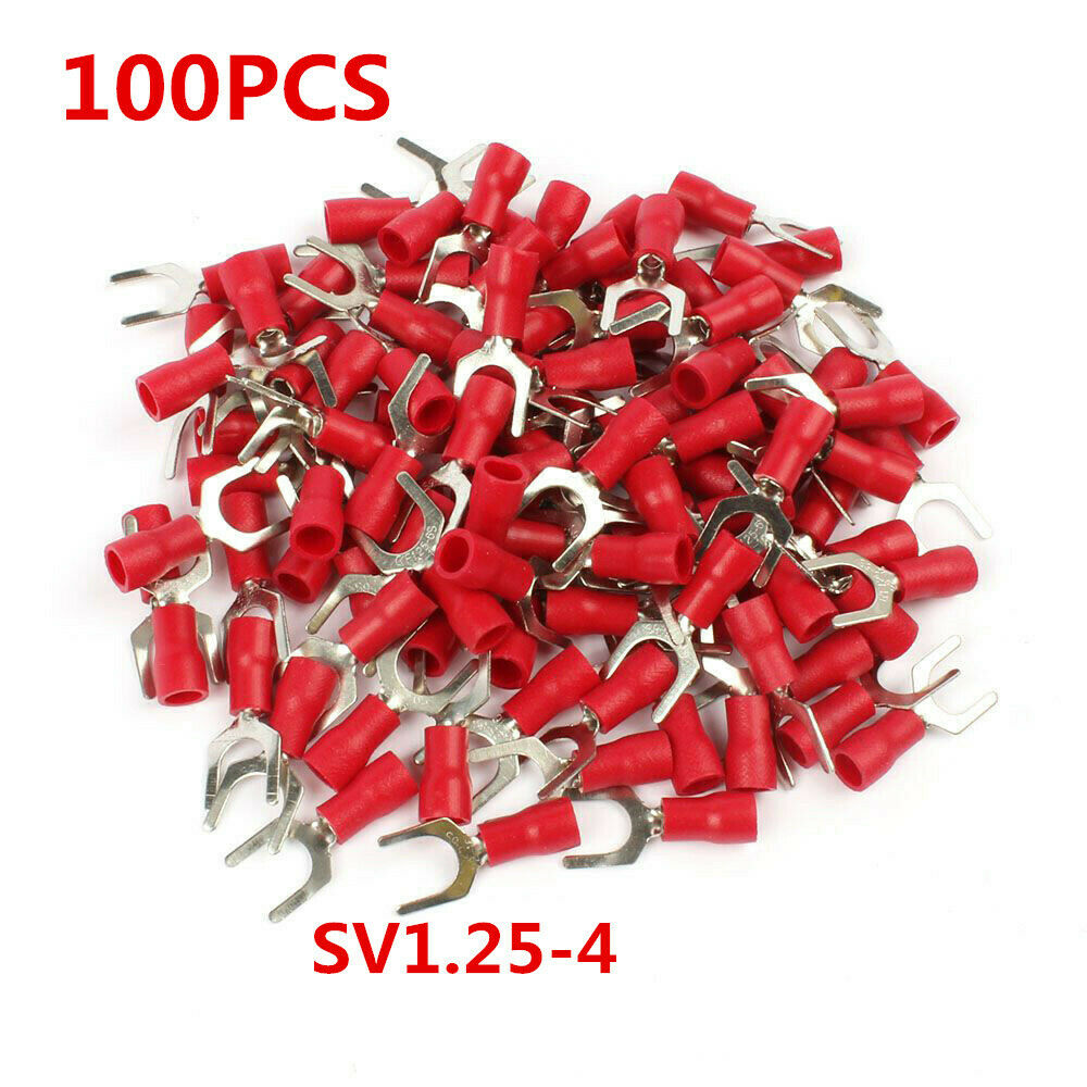 100Pcs Red SV1.25-4 Furcate Pre-Insulating Fork Spade 22~16AWG Crimp Terminals