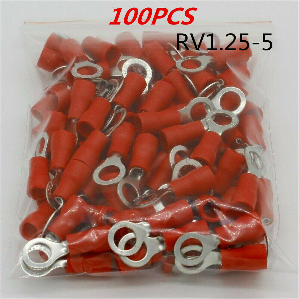 100Pcs RV1.25-5S Insulated Crimp Terminal, Ring Spade Wire Connector AWG22-16