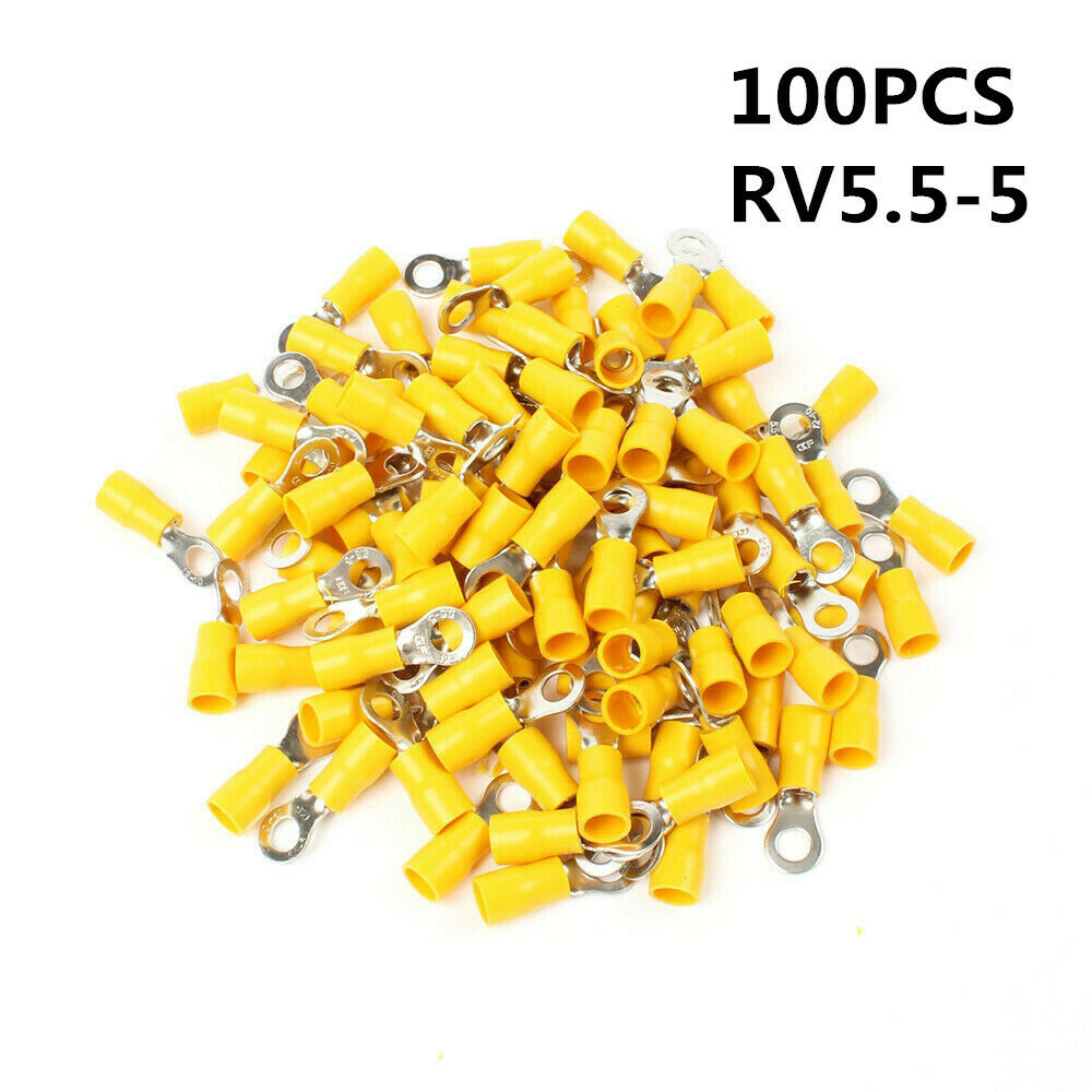 100PCS RV5.5-5 12-10AWG Yellow Sleeve Pre Insulated Ring Terminals Connector