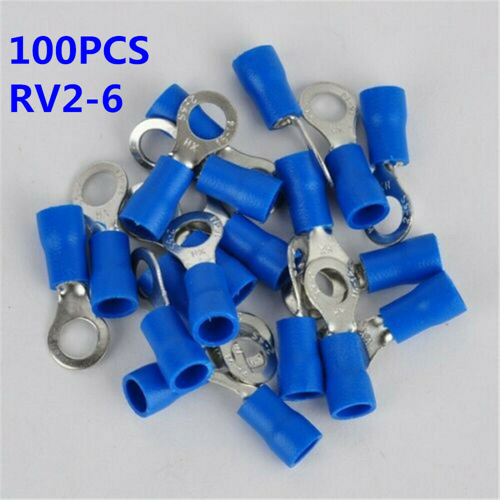 100x RV2-6 AWG 16-14 PVC Sleeve Pre Insulated Ring Terminals Connector 1/4 27A