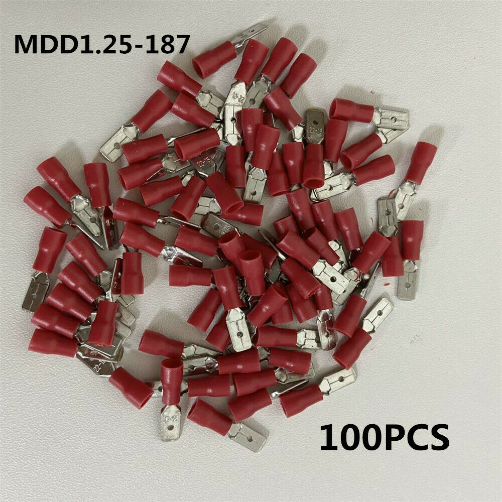 100Pcs MDD1.25-187 16-22 AWG Insulated Male Spade Wire Red Crimp Terminal 4.8mm